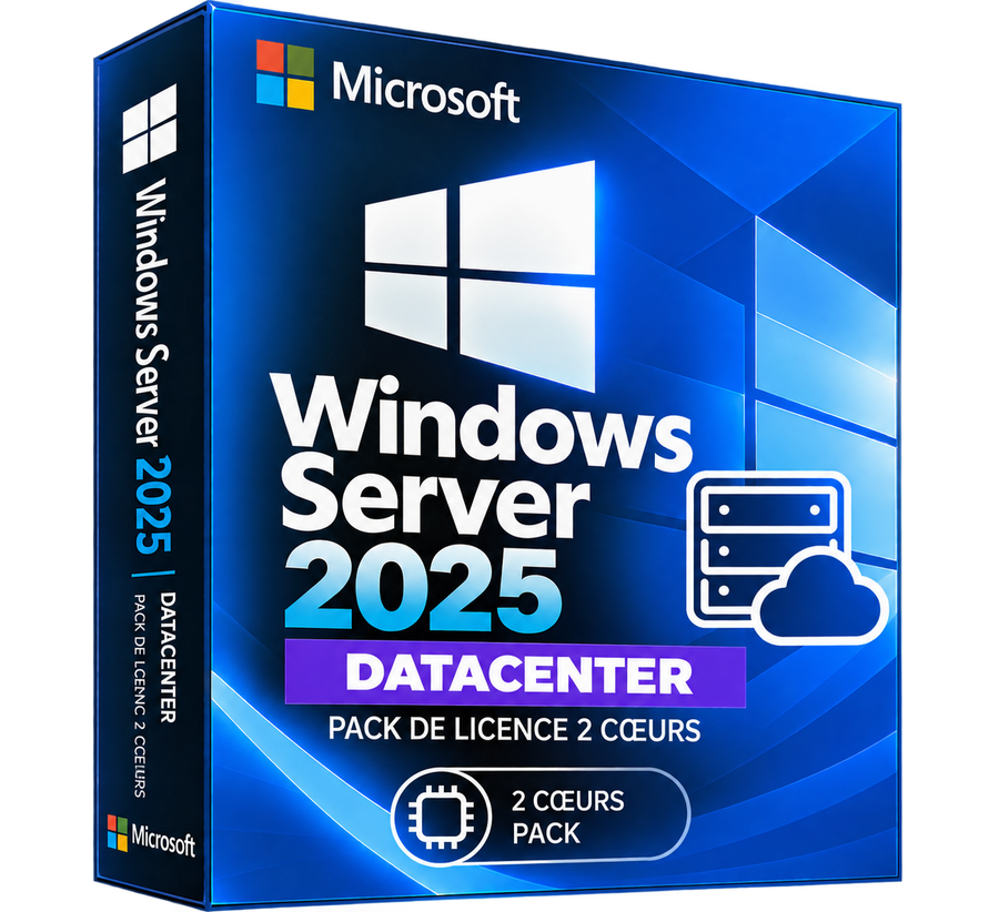 Boîte Windows Server 2025 Datacenter pack 2 cœurs sur fond transparent