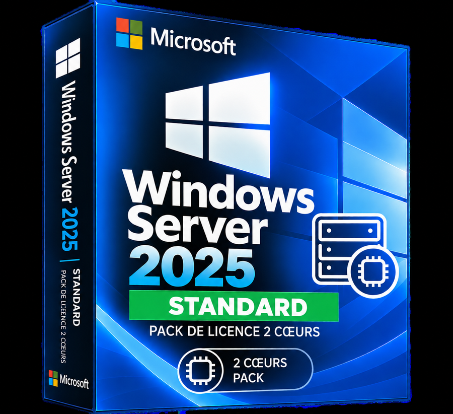 Boîte Windows Server 2025 Standard pack 2 cœurs sur fond transparent